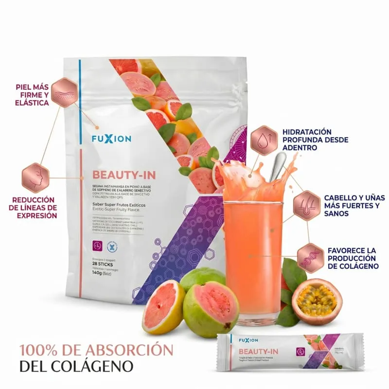 Beauty-In Fuxion: colágeno hidrolizado de alta absorción para regenerar tu piel, fortalecer cabello y uñas naturalmente.