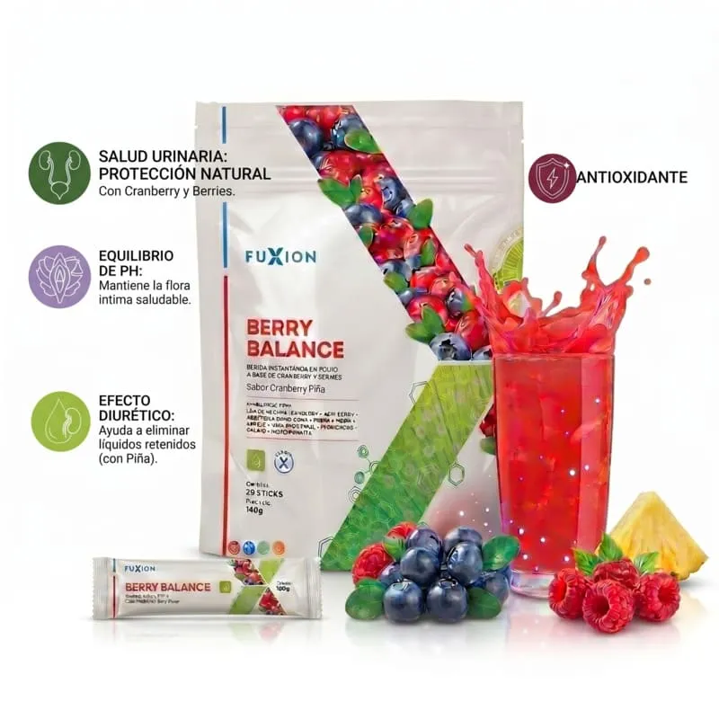 Berry Balance Fuxion: deliciosa bebida de arándanos que protege tu sistema urinario y previene infecciones naturalmente.