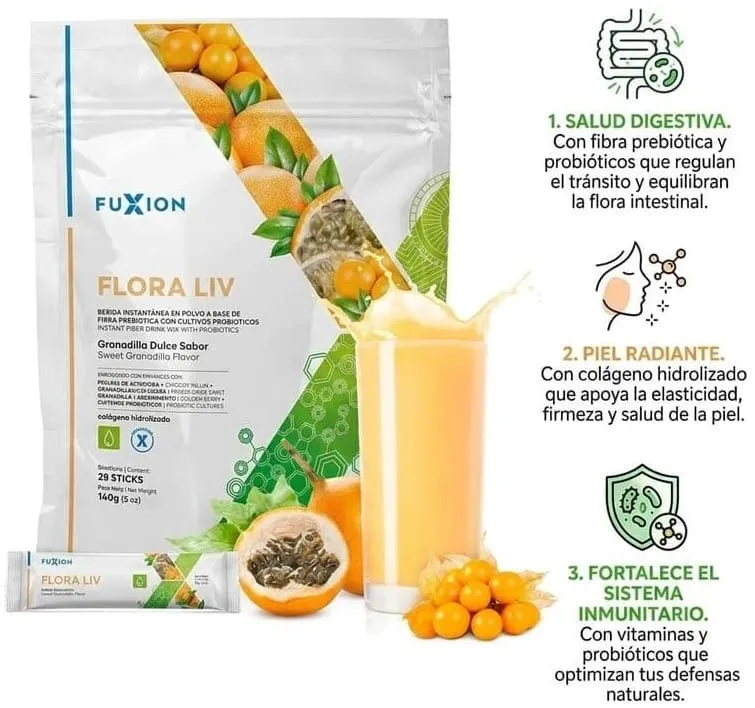 Flora Liv Fuxion con probióticos. Regenera la flora intestinal, mejora la digestión y refuerza defensas naturales.