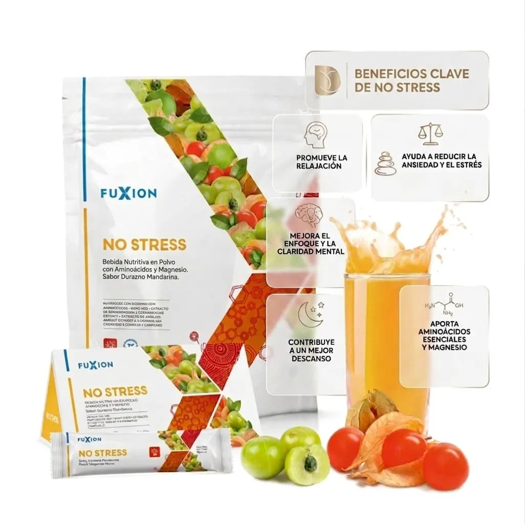 No Stress Fuxion: bebida relajante con aminoácidos y vitaminas que reduce el estrés y mejora la calidad del sueño naturalmente.