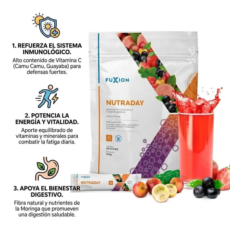 Nutraday Fuxion sabor fresa. Refresco diario con vitaminas y minerales para la vitalidad de toda tu familia.