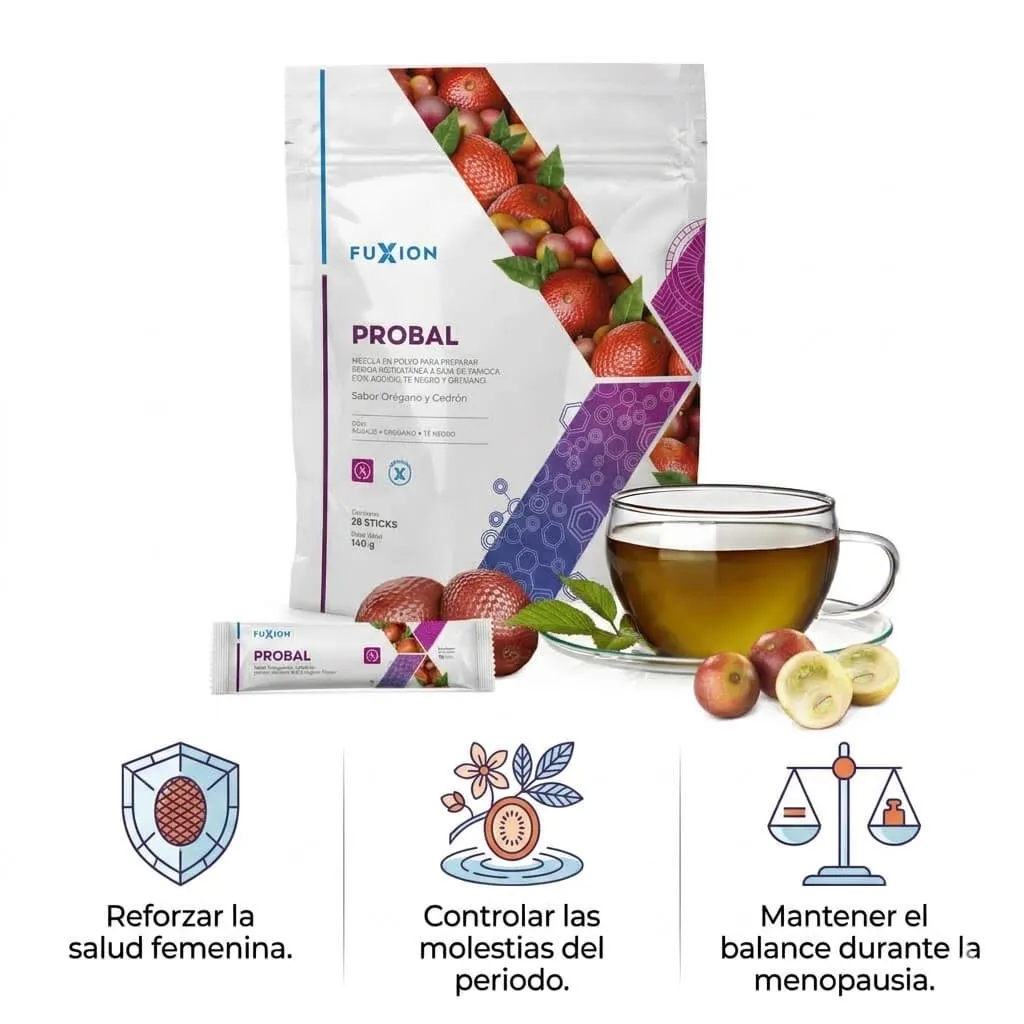 PROBAL Fuxion: bebida nutracéutica que apoya el equilibrio hormonal y el bienestar glandular de forma natural y deliciosa.